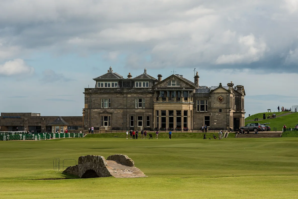 The Swilcan Bridge, Old Course and clubhouse at St Andrews